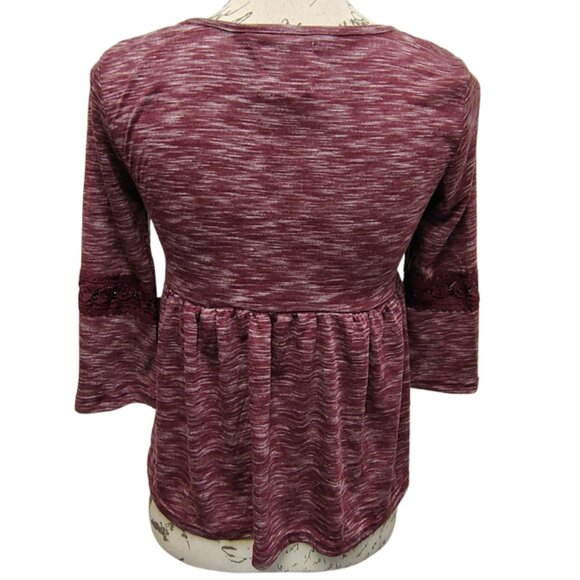 New Burgundy Lace & Knit Peasant Peplum Top Bell Sleeves - Boho Hippie Fall Folk - Picture 4 of 8